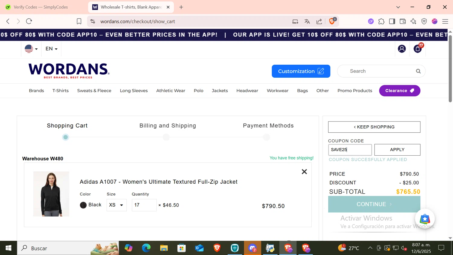 Wordans coupon code screenshot showing code SAVE25 applied at Wordans checkout page. Uploaded by SimplyCodes community member CODMOBILE1 on Jun 12, 2025