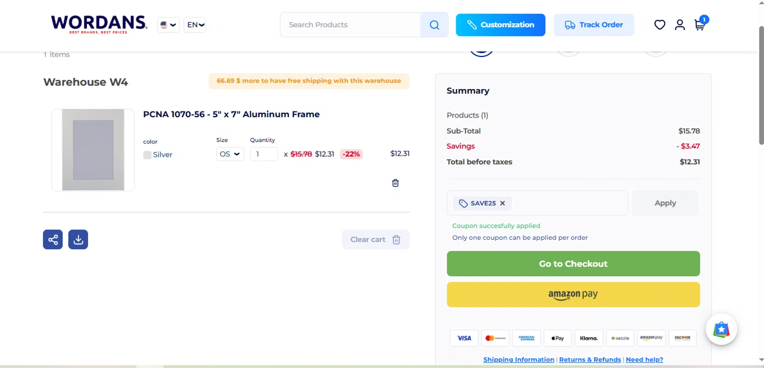 Wordans coupon code screenshot showing code SAVE25 applied at Wordans checkout page. Uploaded by SimplyCodes community member SmartLion6283 on May 14, 2025