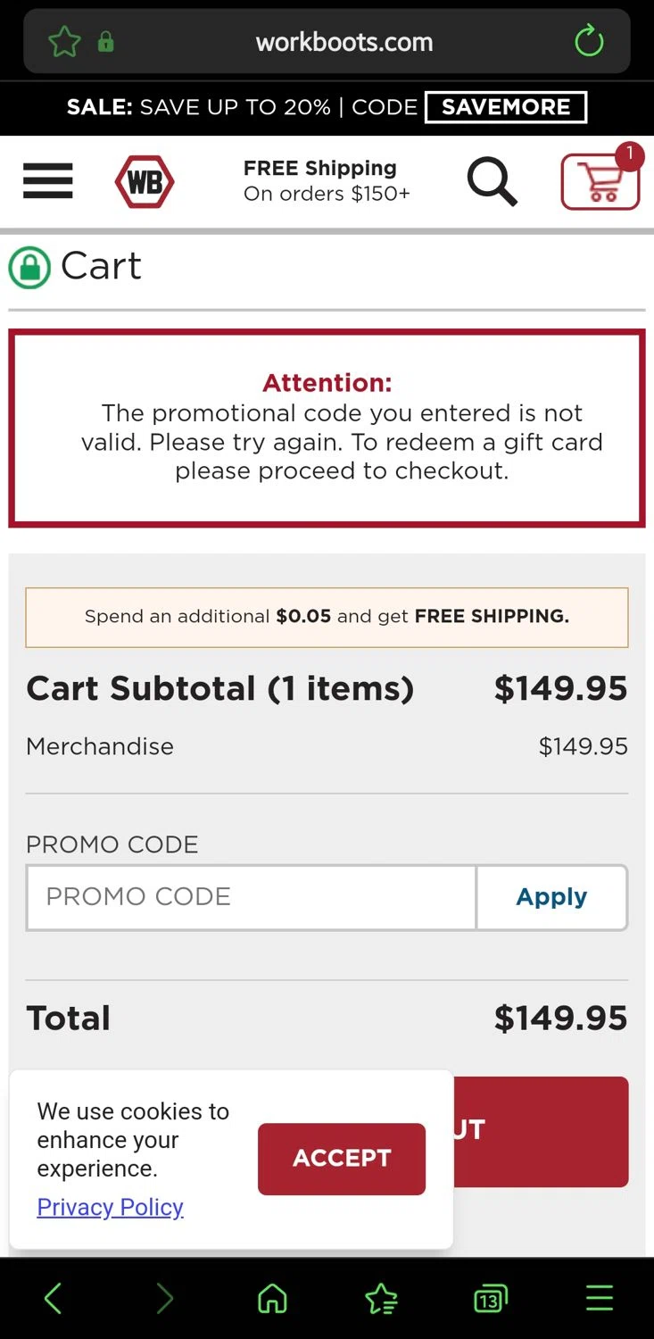 Work Boots promo code screenshot showing code CZN2CCZT applied at Work Boots checkout page. Uploaded by SimplyCodes community member FrugalVirtuoso6318 on Aug 11, 2025