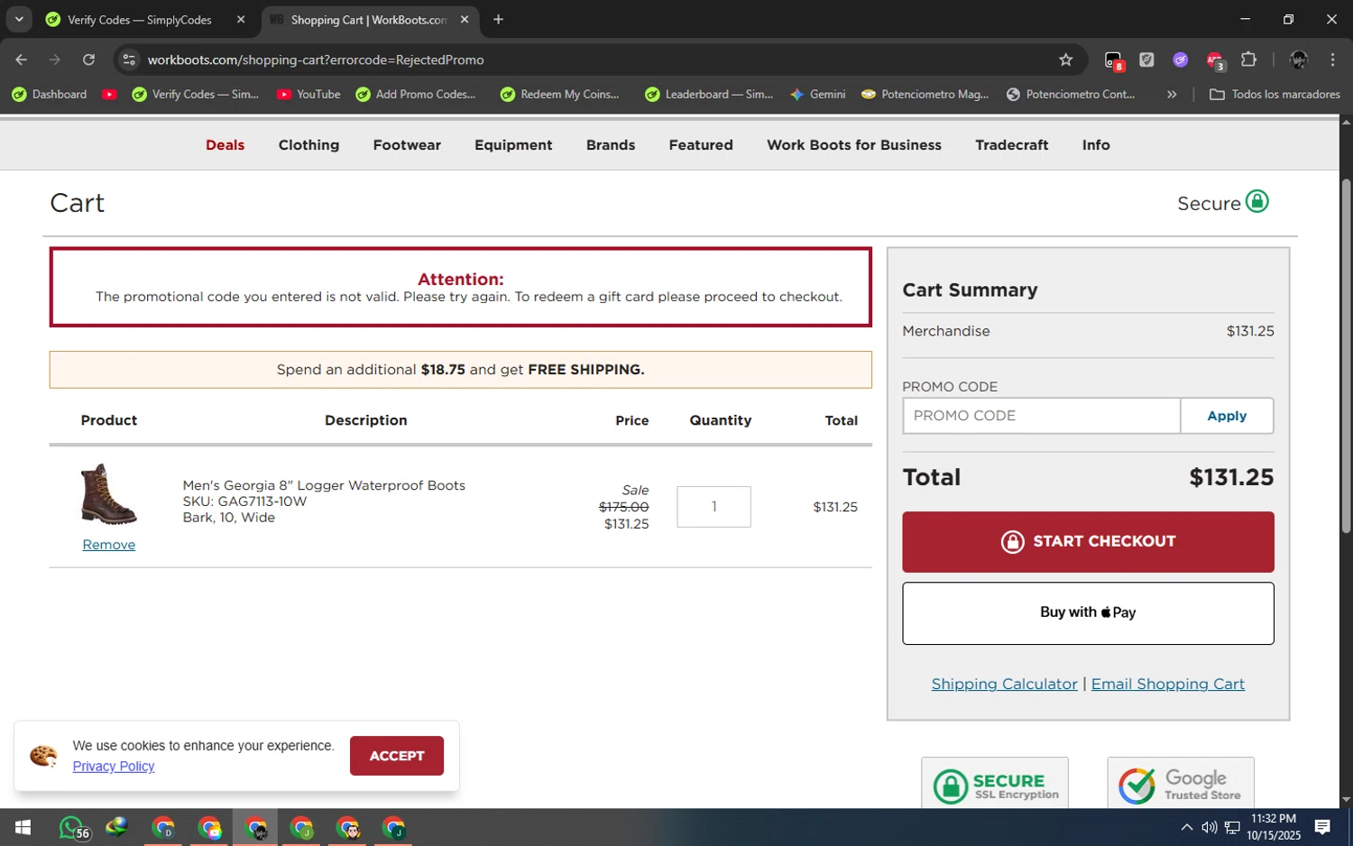 Work Boots promo code screenshot showing code NHS2CBFE applied at Work Boots checkout page. Uploaded by SimplyCodes community member ArizaJesus on Oct 16, 2025