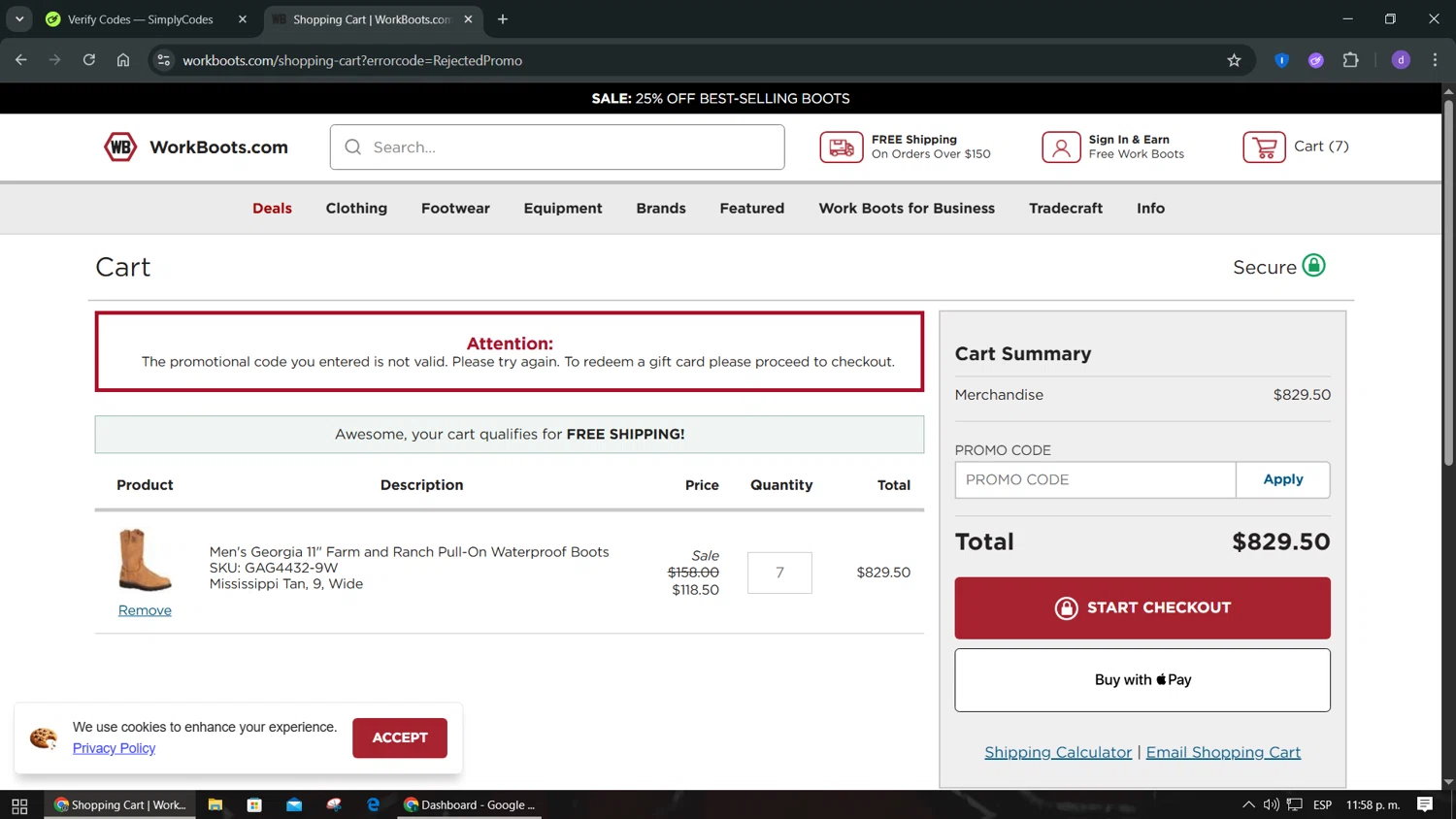Work Boots promo code screenshot showing code NHS2CBFE applied at Work Boots checkout page. Uploaded by SimplyCodes community member VoucherPilot2282 on Oct 16, 2025