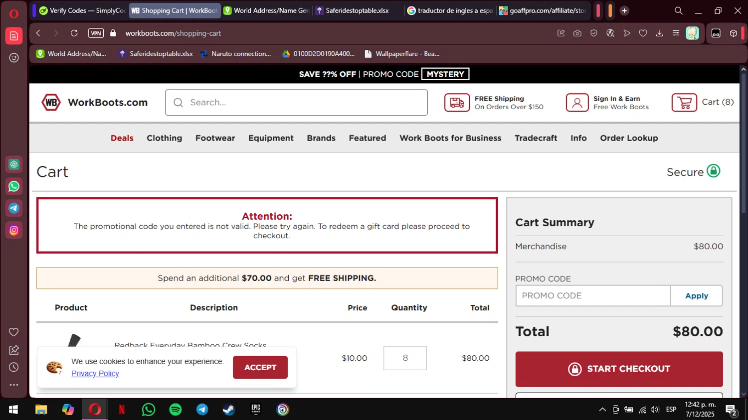Work Boots promo code screenshot showing code ASXGRKWE applied at Work Boots checkout page. Uploaded by SimplyCodes community member MimusukyNara on Dec 7, 2025