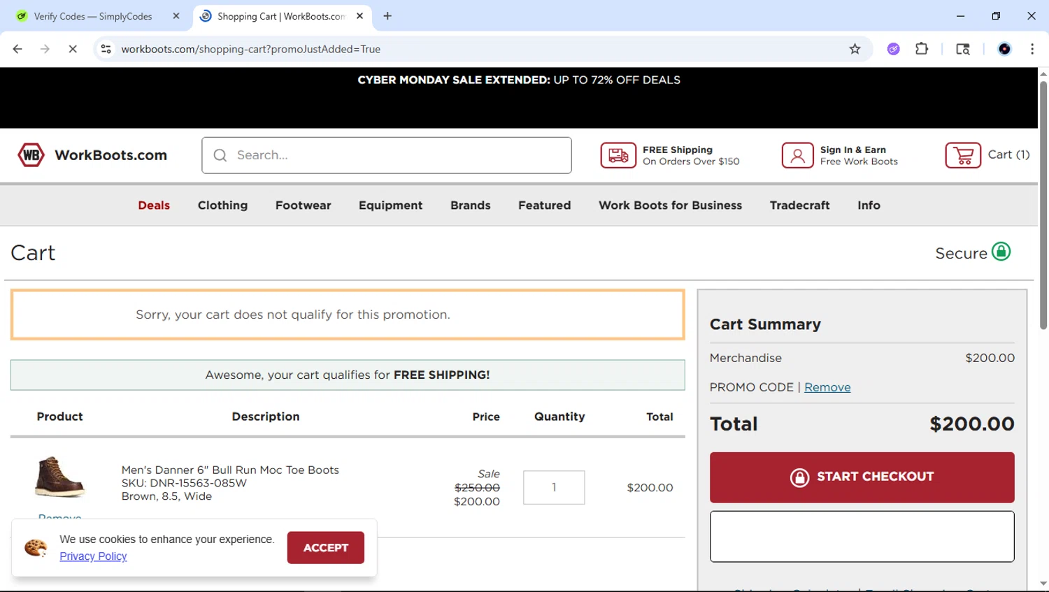 Work Boots checkout page showing Work Boots promo code box | Screenshot taken by SimplyCodes community member on Dec 2, 2025
