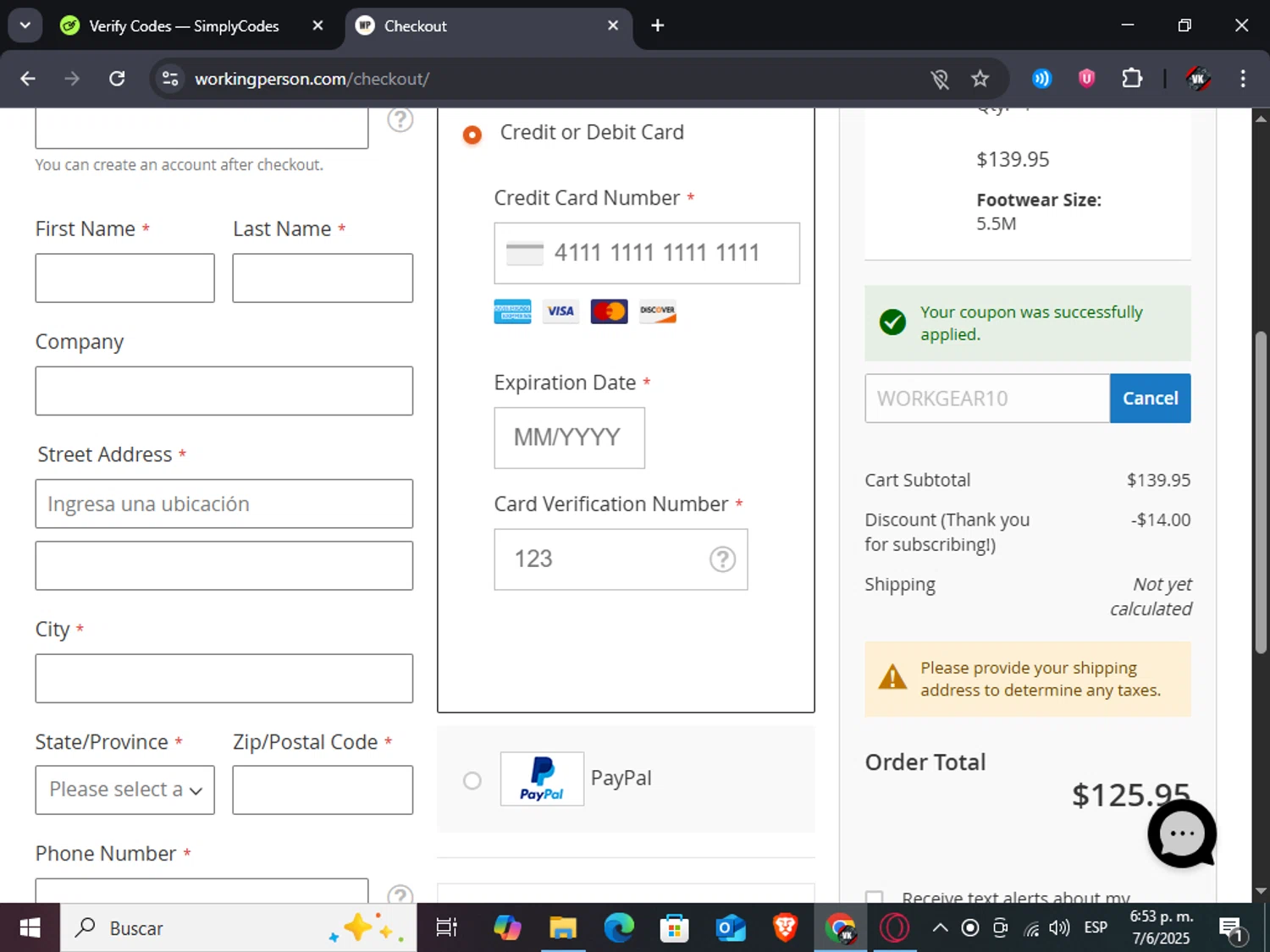 Working Person's Store checkout page showing Working Person's Store promo code box | Screenshot taken by SimplyCodes community member on Jun 7, 2025