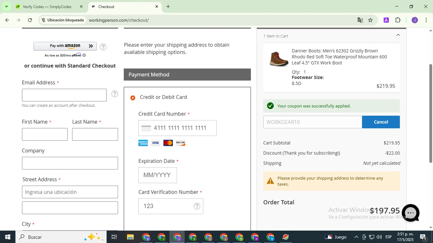 Working Person's Store checkout page showing Working Person's Store promo code box | Screenshot taken by SimplyCodes community member on May 17, 2025