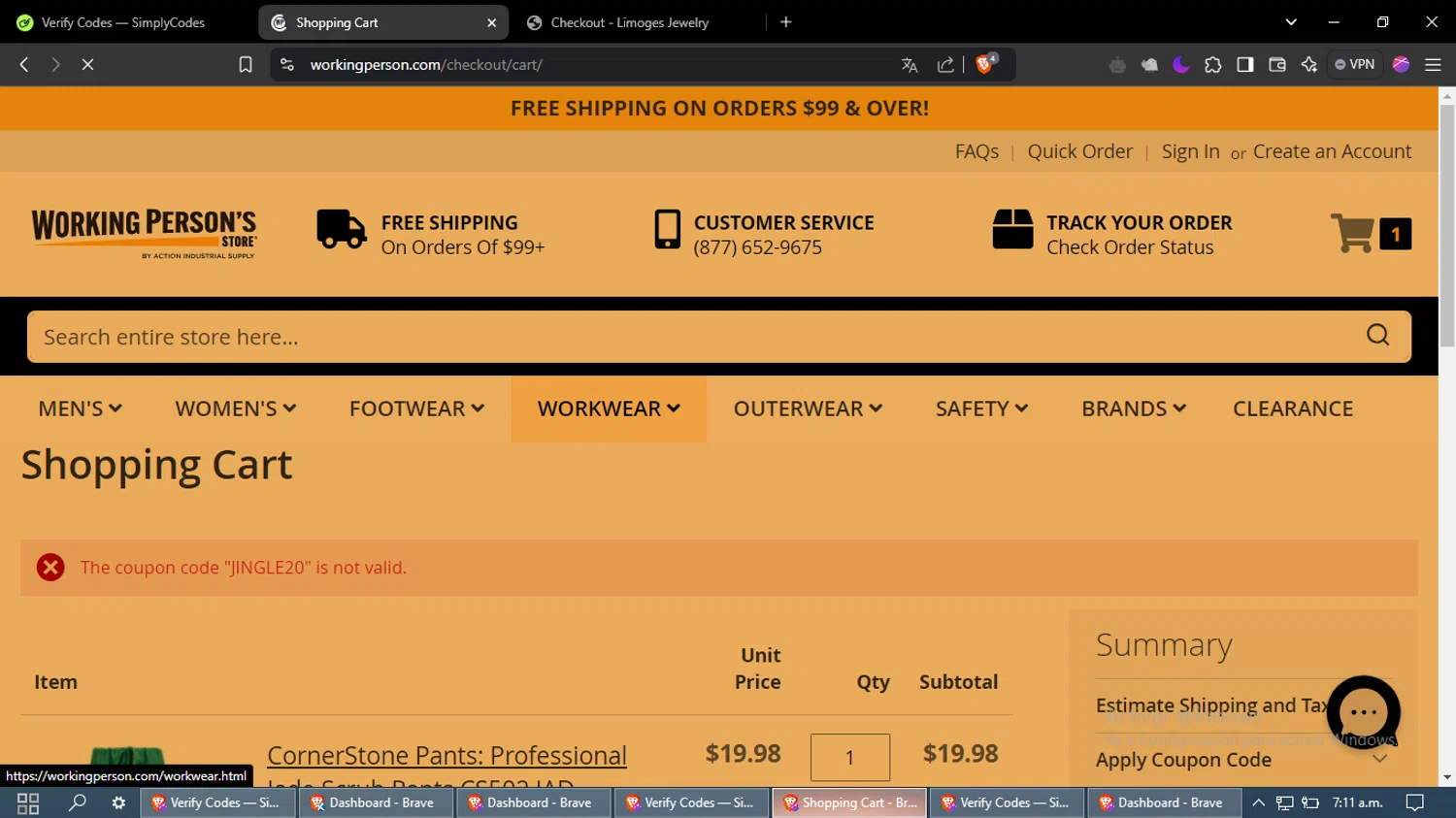 Working Person's Store promo code screenshot showing code JINGLE20 applied at Working Person's Store checkout page. Uploaded by SimplyCodes community member MoneyFox4293 on Jan 4, 2025