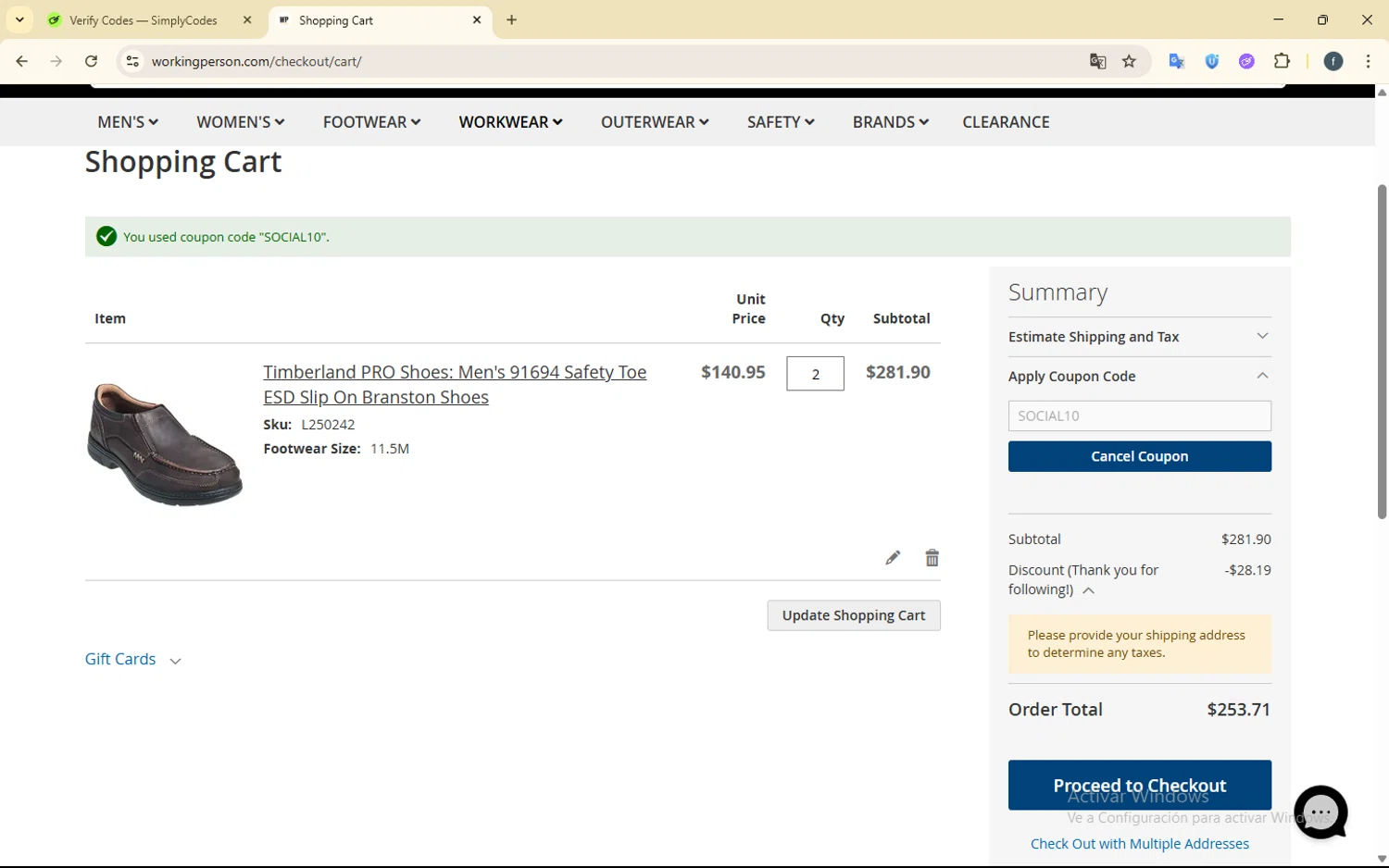Working Person's Store promo code screenshot showing code SOCIAL10 applied at Working Person's Store checkout page. Uploaded by SimplyCodes community member SmartElite7457 on Jun 21, 2025
