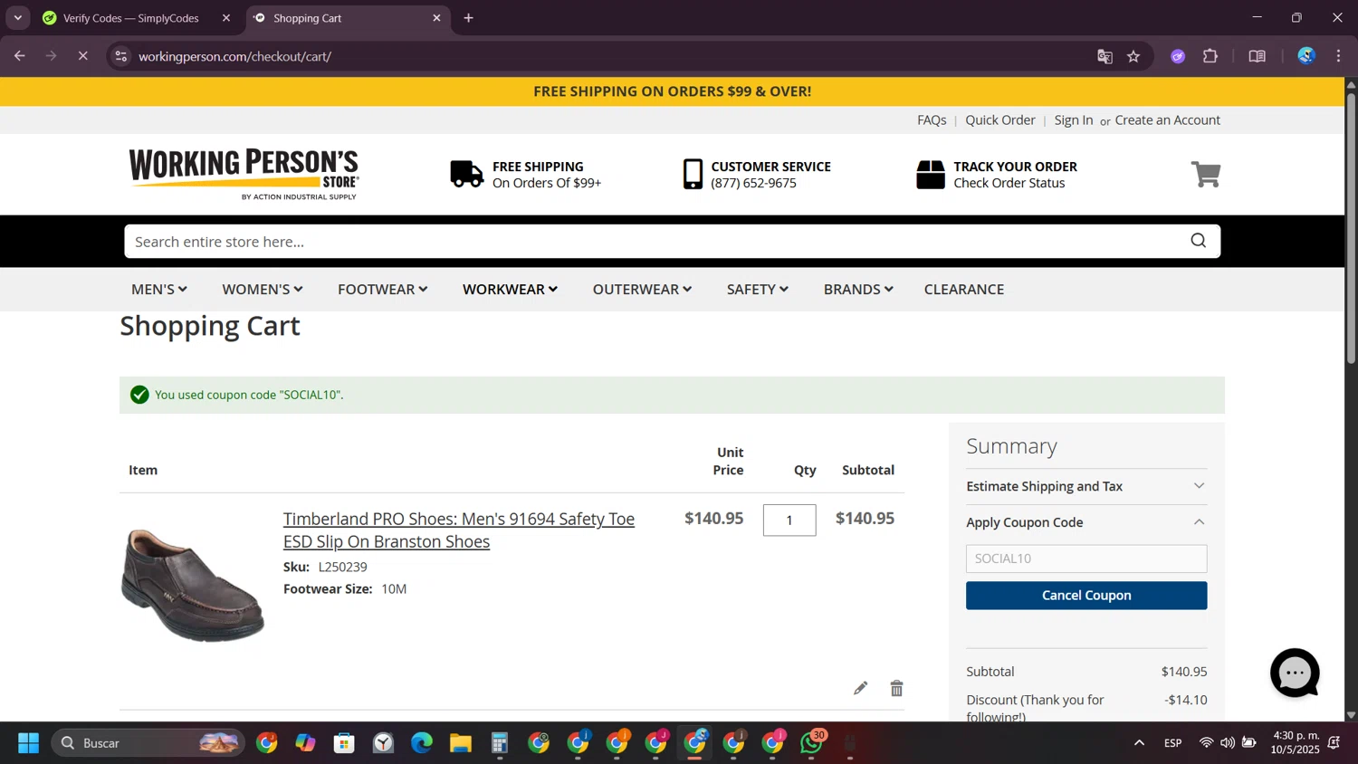 Working Person's Store promo code screenshot showing code SOCIAL10 applied at Working Person's Store checkout page. Uploaded by SimplyCodes community member VictoriousPioneer4638 on May 10, 2025