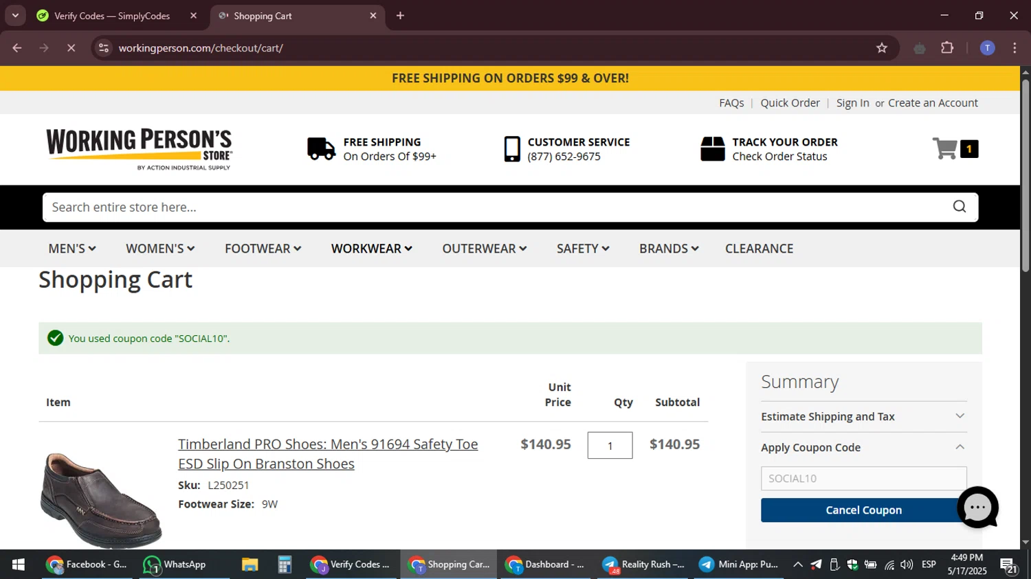 Working Person's Store promo code screenshot showing code SOCIAL10 applied at Working Person's Store checkout page. Uploaded by SimplyCodes community member snidertom8 on May 17, 2025