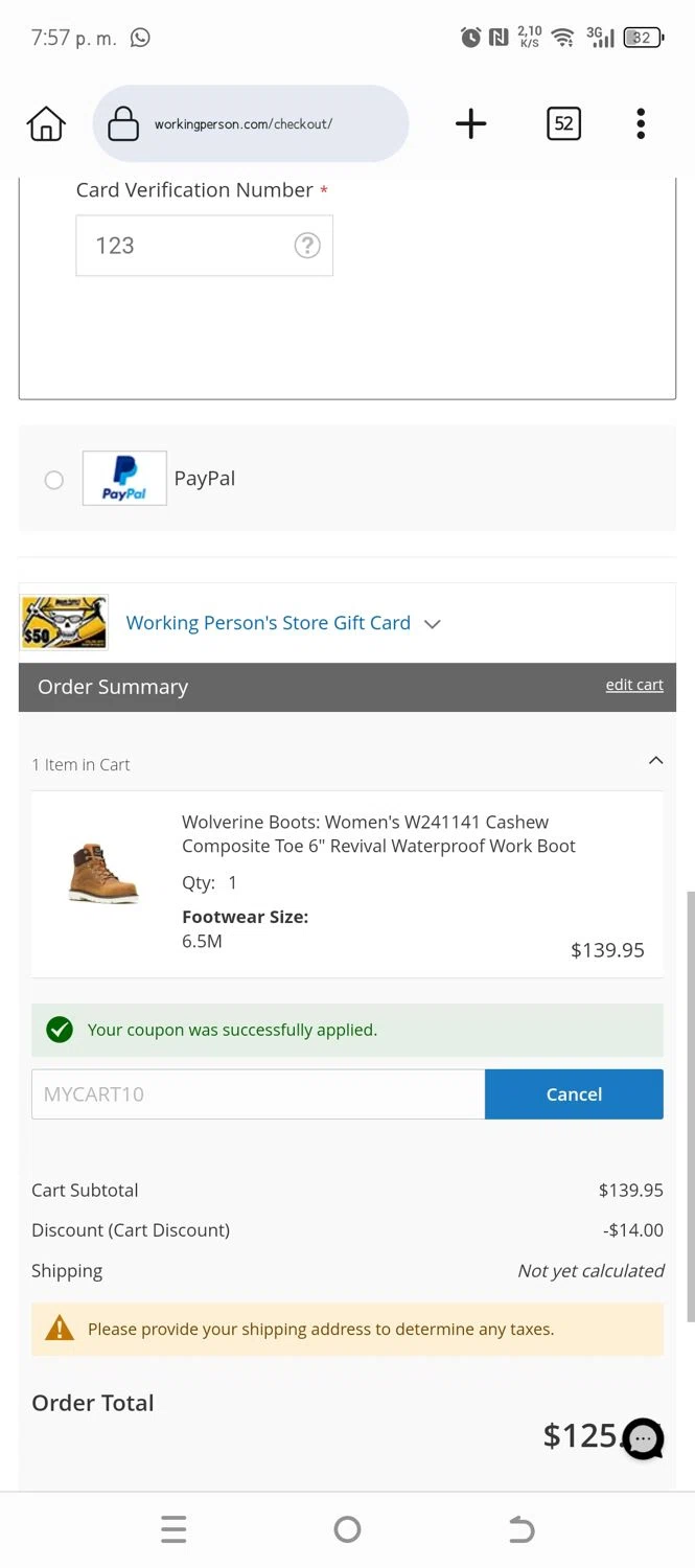 Working Person's Store promo code screenshot showing code MYCART10 applied at Working Person's Store checkout page. Uploaded by SimplyCodes community member DiscountCurator3335 on Jun 21, 2025