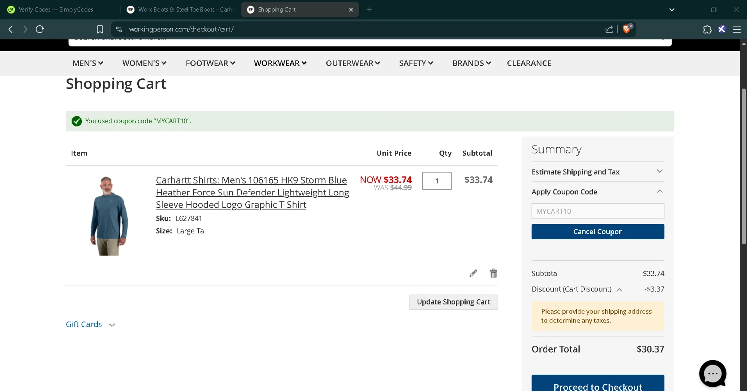Working Person's Store checkout page showing Working Person's Store promo code box | Screenshot taken by SimplyCodes community member on Jun 7, 2025