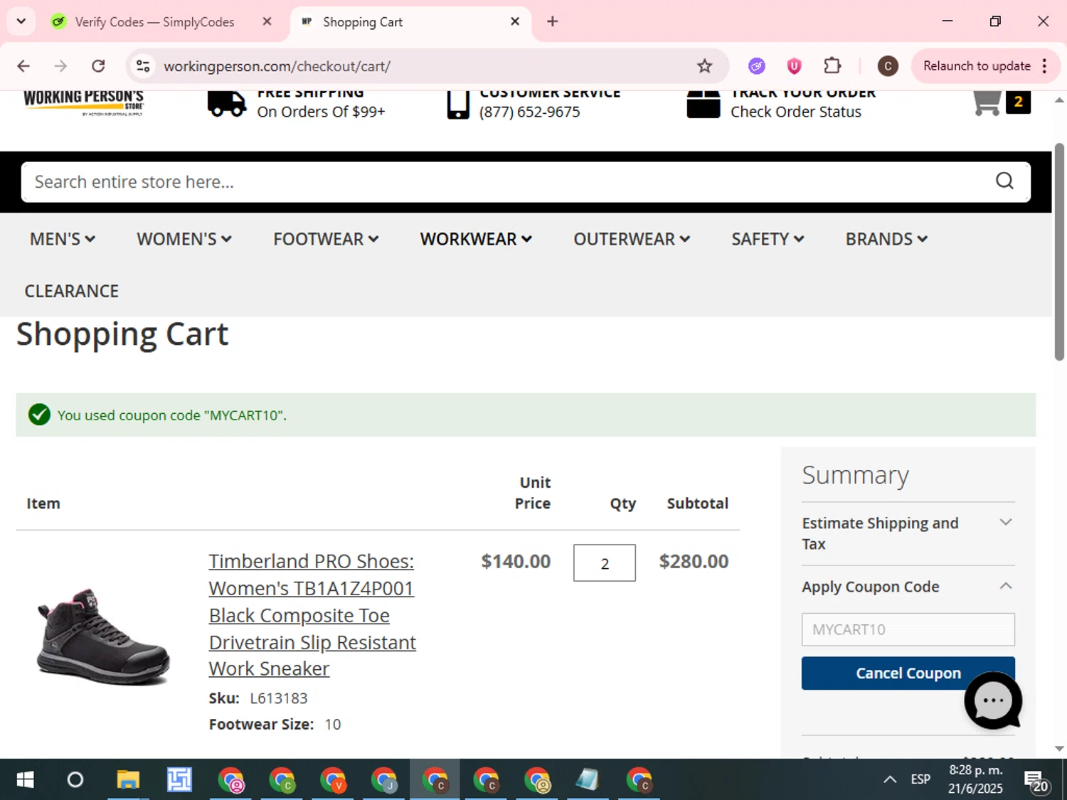 Working Person's Store promo code screenshot showing code MYCART10 applied at Working Person's Store checkout page. Uploaded by SimplyCodes community member WonderCurator7831 on Jun 22, 2025