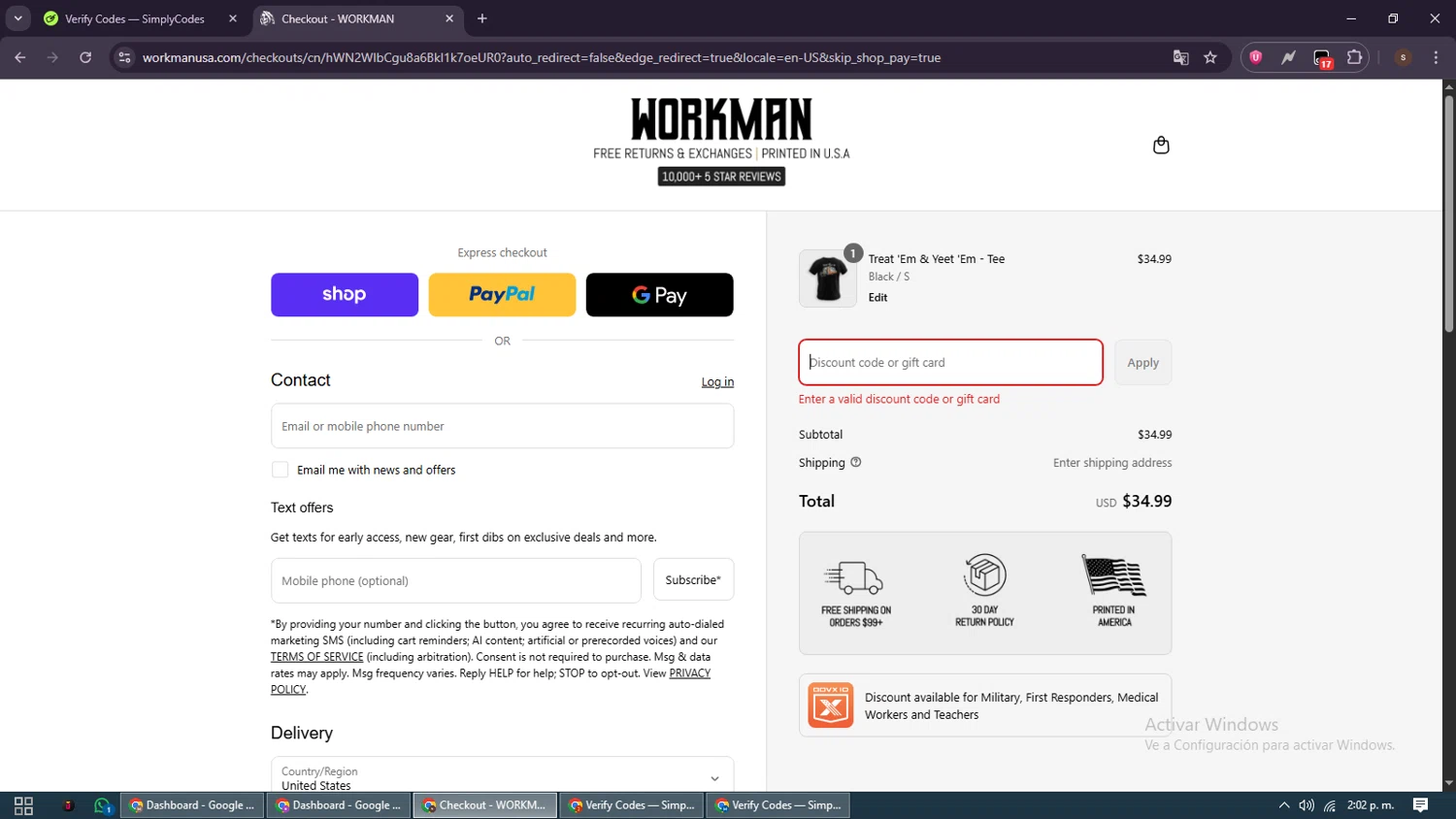 WORKMAN discount code screenshot showing code SAVE10 applied at WORKMAN checkout page. Uploaded by SimplyCodes community member GoldSentinel1426 on Sep 2, 2025