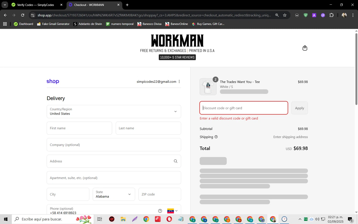 WORKMAN discount code screenshot showing code SAVE10 applied at WORKMAN checkout page. Uploaded by SimplyCodes community member jeysosmoore on Sep 2, 2025