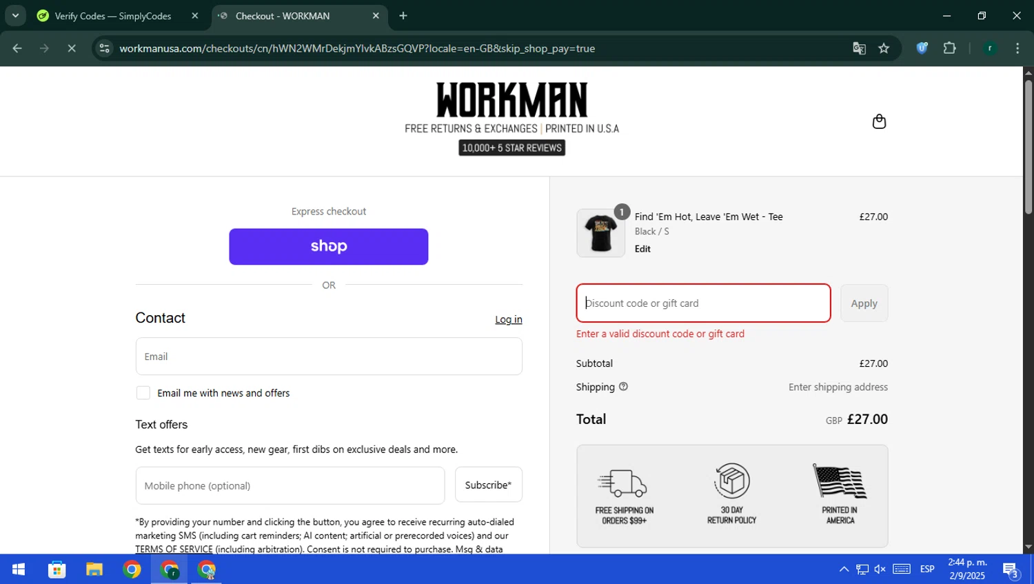 WORKMAN discount code screenshot showing code SAVE10 applied at WORKMAN checkout page. Uploaded by SimplyCodes community member rodri1 on Sep 2, 2025
