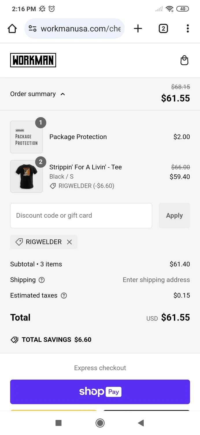 WORKMAN discount code screenshot showing code RIGWELDER applied at WORKMAN checkout page. Uploaded by SimplyCodes community member MightyBoss9975 on Jan 27, 2025
