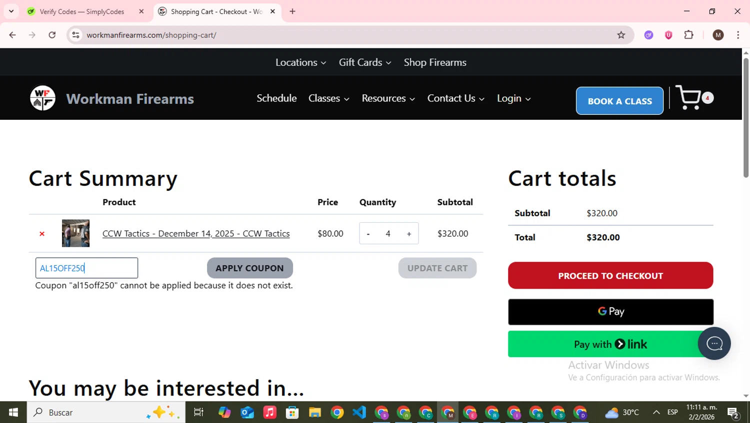 Workman Firearms promo code screenshot showing code AL15OFF250 applied at Workman Firearms checkout page. Uploaded by SimplyCodes community member WonderWizard9060 on Feb 2, 2026