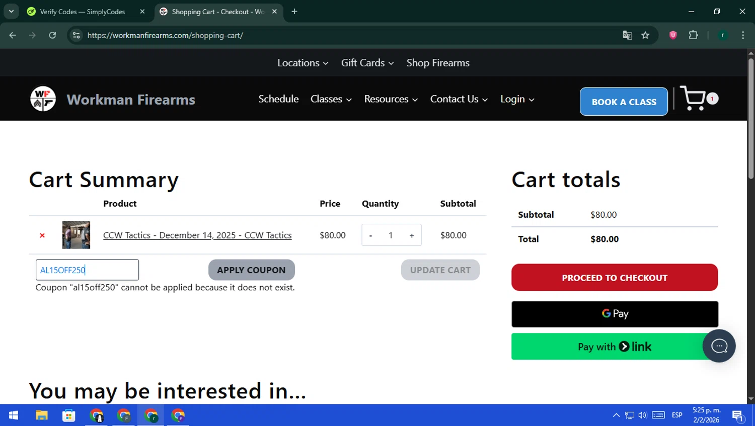Workman Firearms promo code screenshot showing code AL15OFF250 applied at Workman Firearms checkout page. Uploaded by SimplyCodes community member rodri1 on Feb 2, 2026