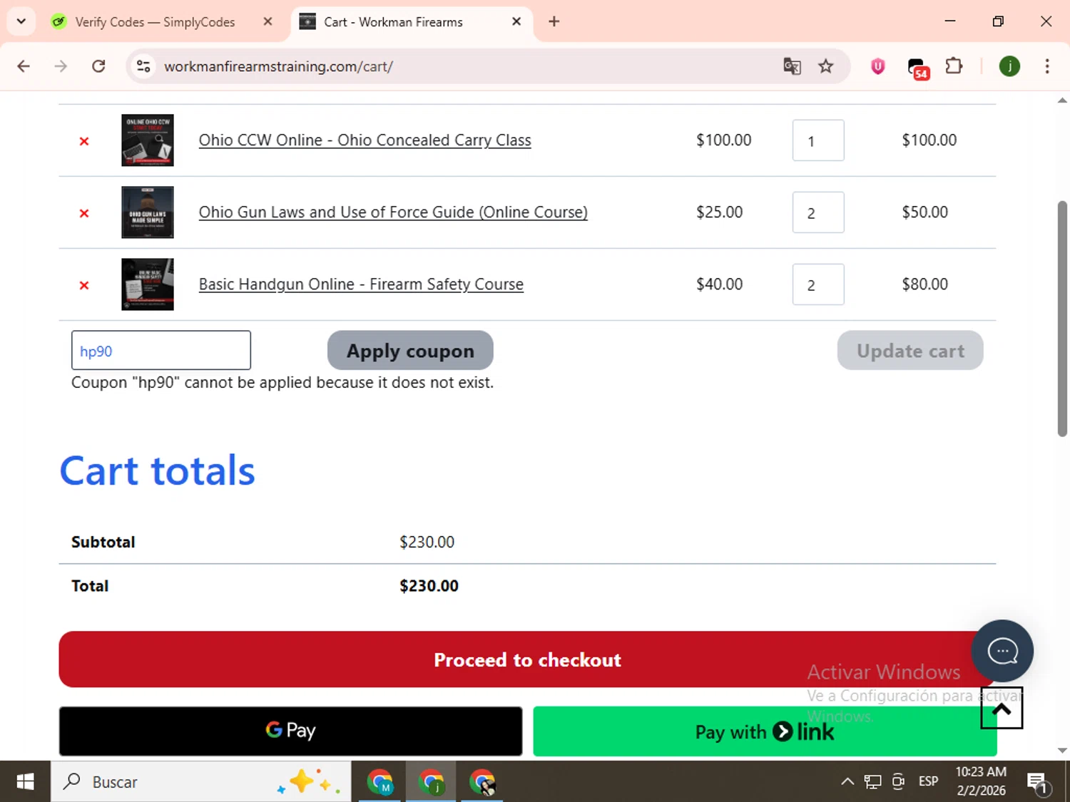 Workman Firearms promo code screenshot showing code hp90 applied at Workman Firearms checkout page. Uploaded by SimplyCodes community member SavingsCollector2592 on Feb 2, 2026