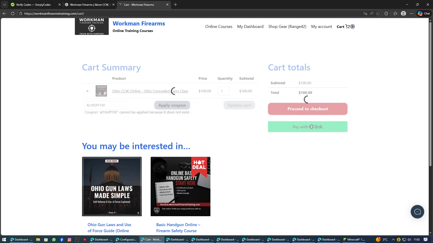 Workman Firearms promo code screenshot showing code AL10OFF150 applied at Workman Firearms checkout page. Uploaded by SimplyCodes community member AVAMUSTANG on Feb 2, 2026