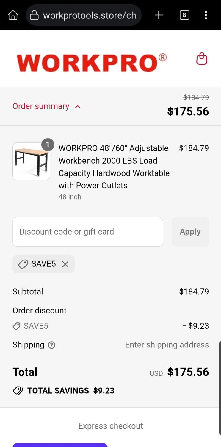 WORKPRO TOOLS promo code screenshot showing code SAVE5 applied at WORKPRO TOOLS checkout page. Uploaded by SimplyCodes community member Carloslvz on Aug 4, 2025