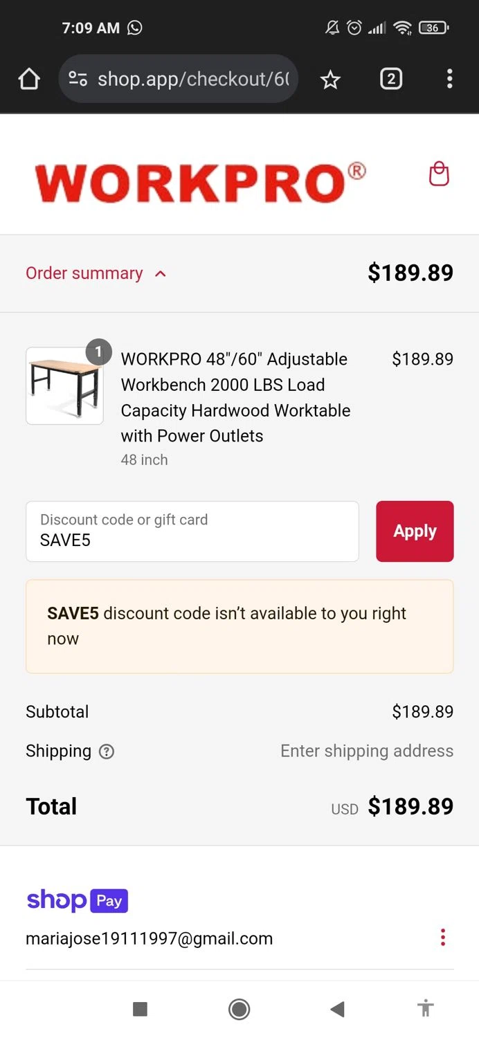 WORKPRO TOOLS promo code screenshot showing code SAVE5 applied at WORKPRO TOOLS checkout page. Uploaded by SimplyCodes community member Mujerdejunnior on Feb 18, 2025