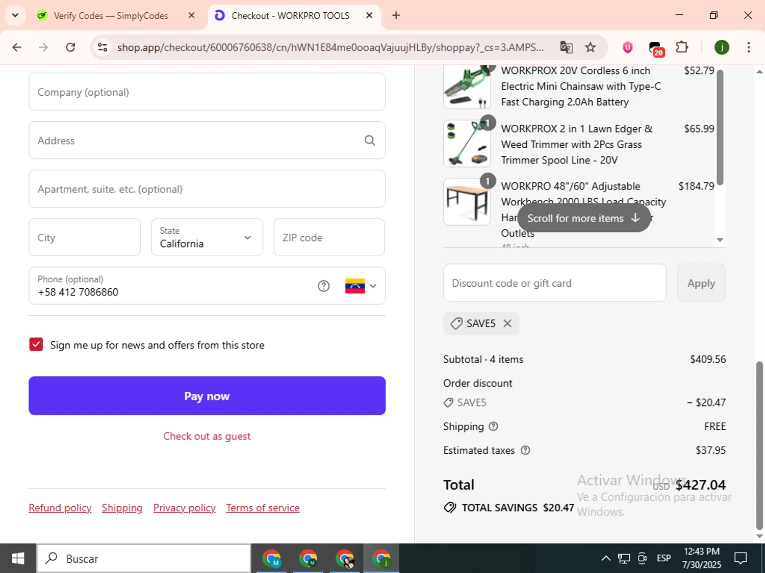 WORKPRO TOOLS promo code screenshot showing code SAVE5 applied at WORKPRO TOOLS checkout page. Uploaded by SimplyCodes community member SavingsCollector2592 on Jul 30, 2025