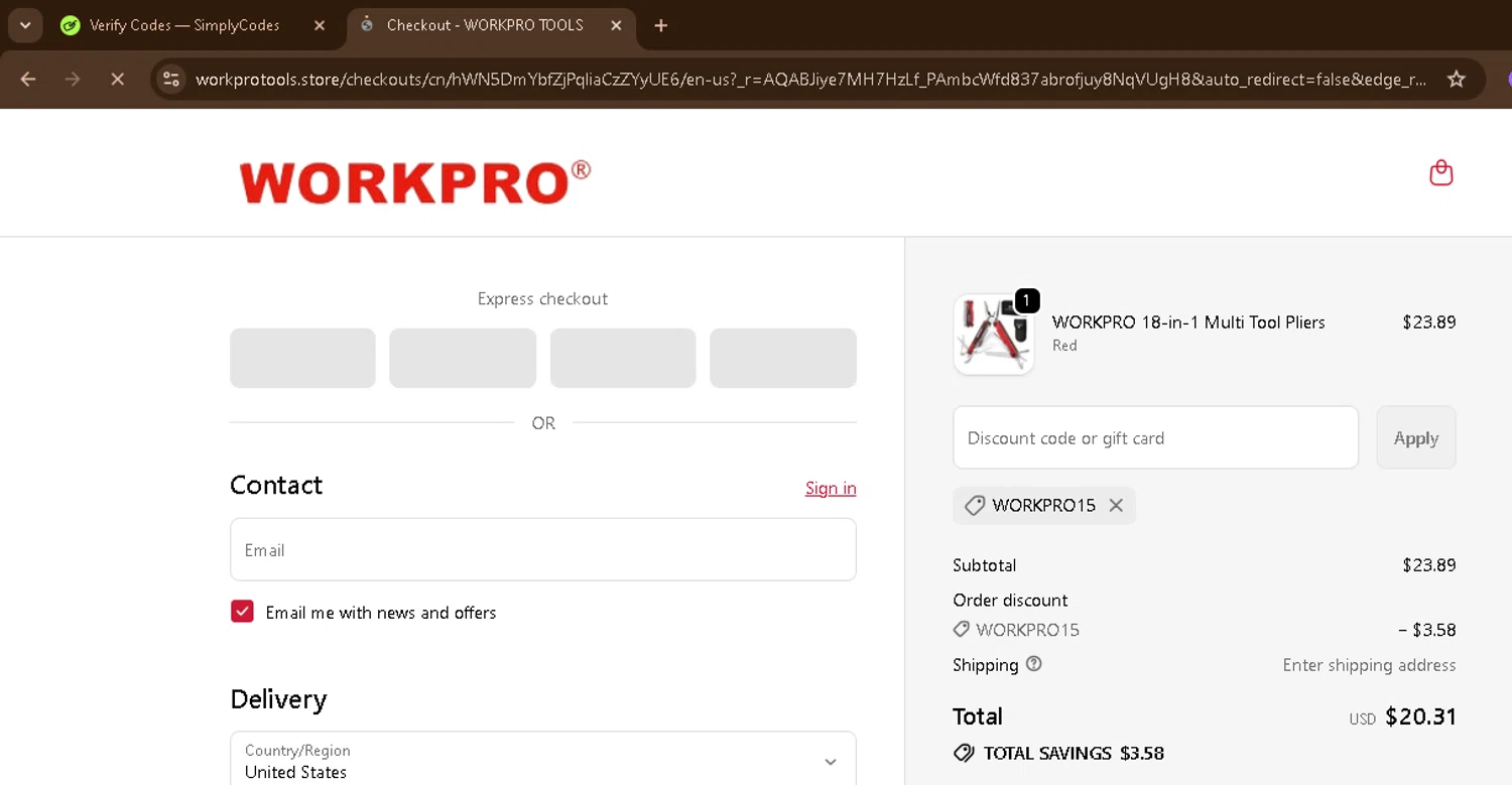 WORKPRO TOOLS promo code screenshot showing code WORKPRO15 applied at WORKPRO TOOLS checkout page. Uploaded by SimplyCodes community member CoinSage1043 on Nov 12, 2025