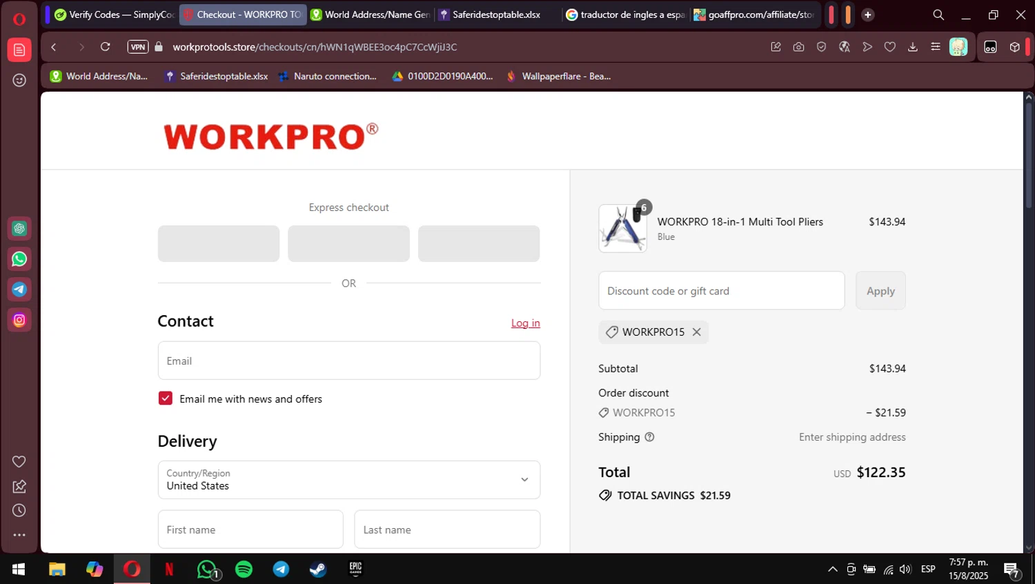 WORKPRO TOOLS promo code screenshot showing code WORKPRO15 applied at WORKPRO TOOLS checkout page. Uploaded by SimplyCodes community member MimusukyNara on Aug 15, 2025