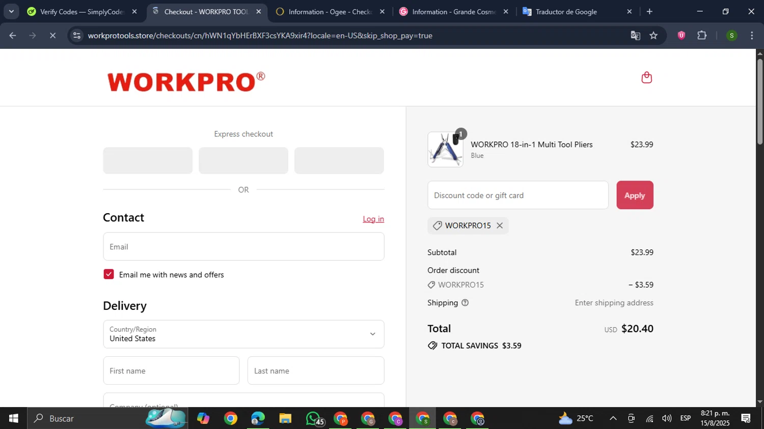 WORKPRO TOOLS promo code screenshot showing code WORKPRO15 applied at WORKPRO TOOLS checkout page. Uploaded by SimplyCodes community member RewardMaverick445 on Aug 16, 2025