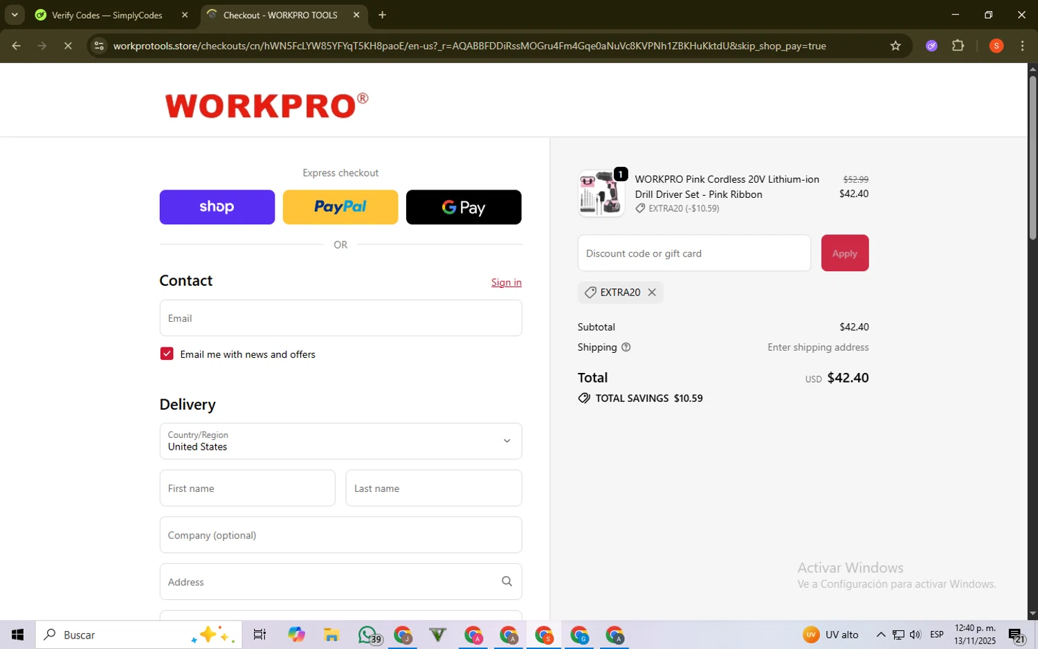 WORKPRO TOOLS promo code screenshot showing code EXTRA20 applied at WORKPRO TOOLS checkout page. Uploaded by SimplyCodes community member ScanKnight8857 on Nov 13, 2025