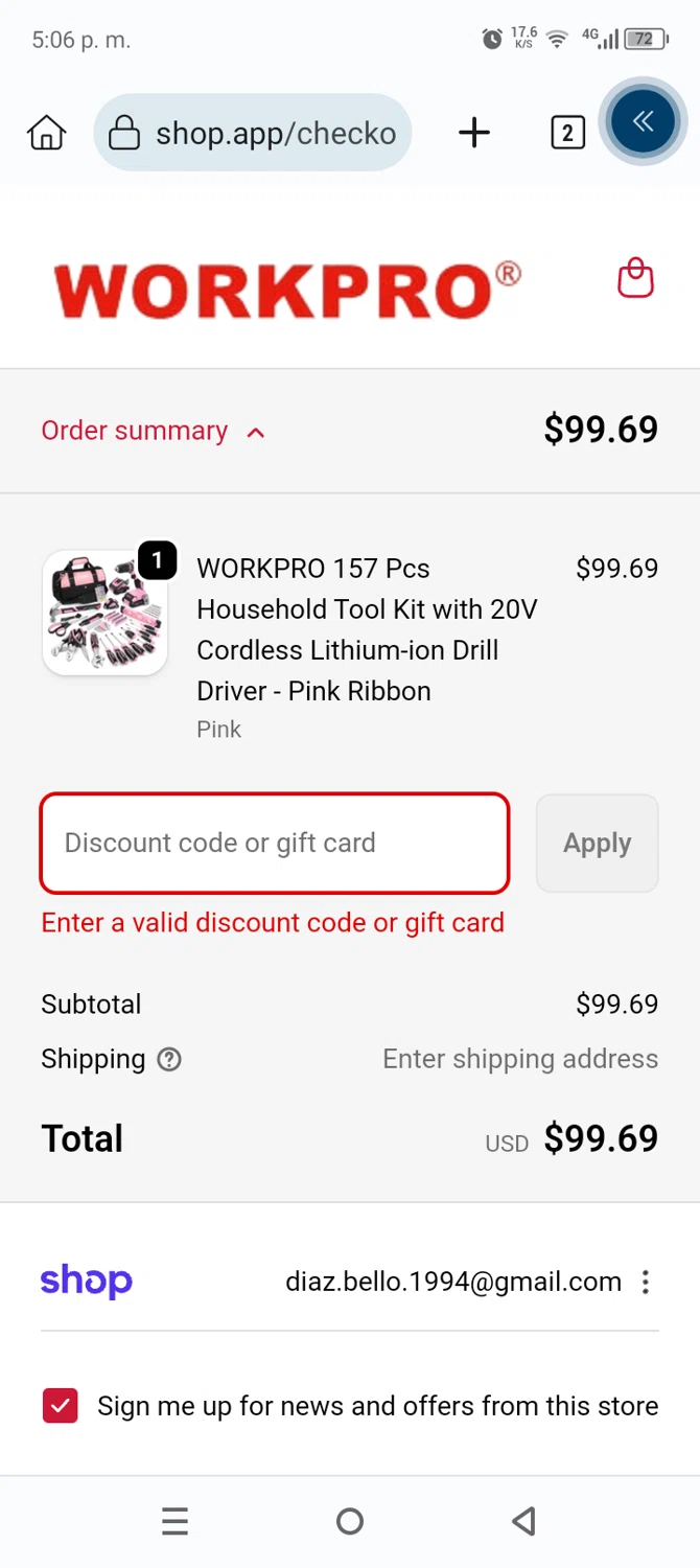 WORKPRO TOOLS promo code screenshot showing code EARLYBF applied at WORKPRO TOOLS checkout page. Uploaded by SimplyCodes community member Anthony_Diaz on Nov 14, 2025