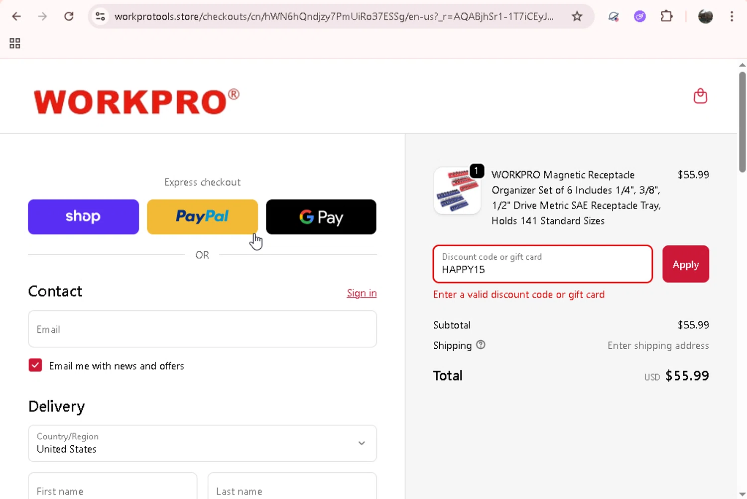 WORKPRO TOOLS promo code screenshot showing code HAPPY15 applied at WORKPRO TOOLS checkout page. Uploaded by SimplyCodes community member JASTIFY on Dec 21, 2025