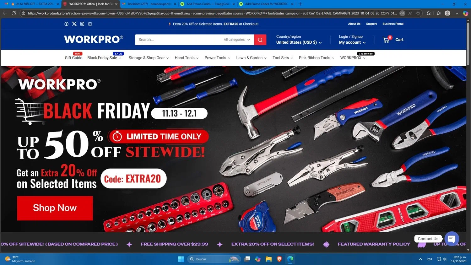 WORKPRO TOOLS promo code screenshot showing code EARLYBF applied at WORKPRO TOOLS checkout page. Uploaded by SimplyCodes community member Mdeoca on Nov 14, 2025