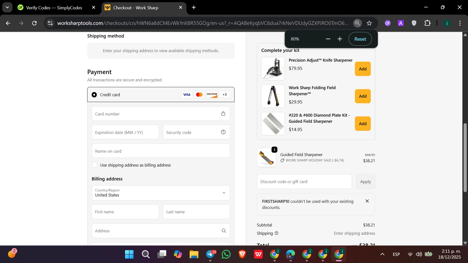 Work Sharp discount code screenshot showing code FirstSharp10 applied at Work Sharp checkout page. Uploaded by SimplyCodes community member Repollito18 on Dec 18, 2025