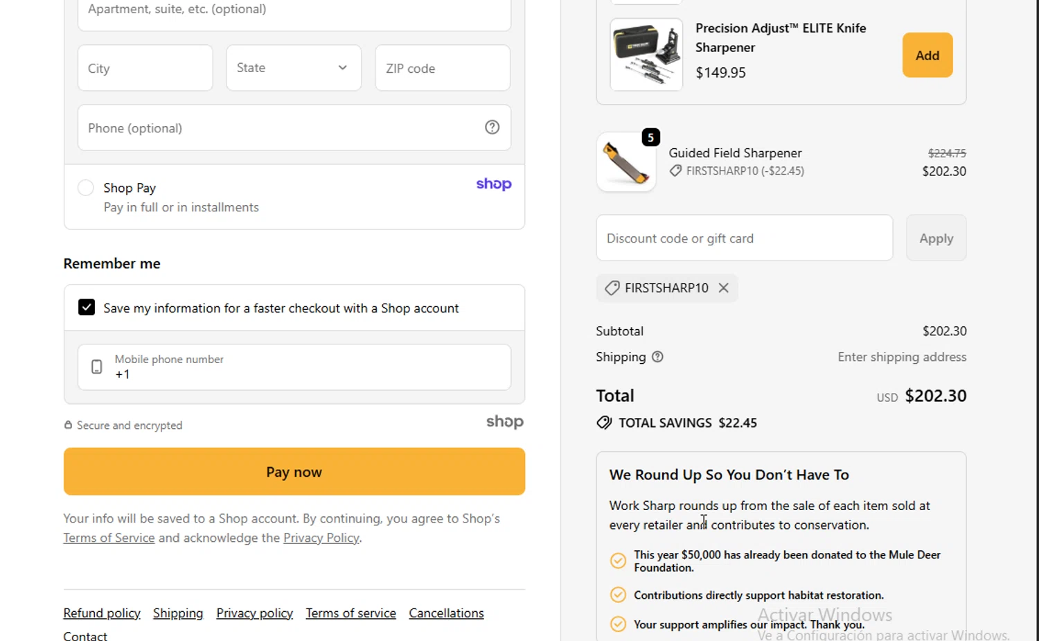 Work Sharp discount code screenshot showing code FirstSharp10 applied at Work Sharp checkout page. Uploaded by SimplyCodes community member ligthYA on Oct 23, 2025