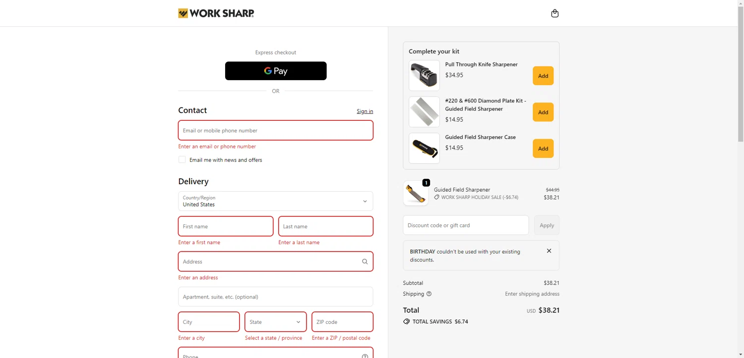 Work Sharp discount code screenshot showing code BIRTHDAY applied at Work Sharp checkout page. Uploaded by SimplyCodes community member SilverPioneer1110 on Dec 23, 2025