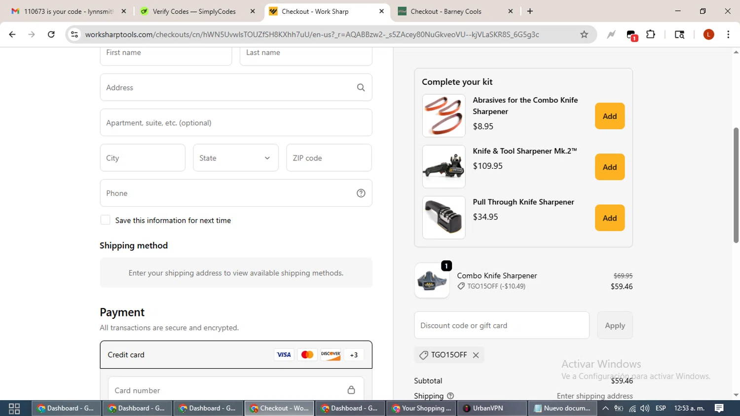 Work Sharp discount code screenshot showing code TGO15OFF applied at Work Sharp checkout page. Uploaded by SimplyCodes community member BonusHero9692 on Nov 20, 2025