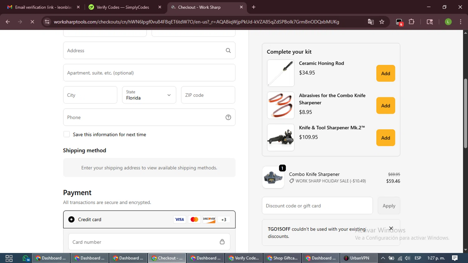 Work Sharp discount code screenshot showing code TGO15OFF applied at Work Sharp checkout page. Uploaded by SimplyCodes community member CleverFalcon7682 on Dec 23, 2025