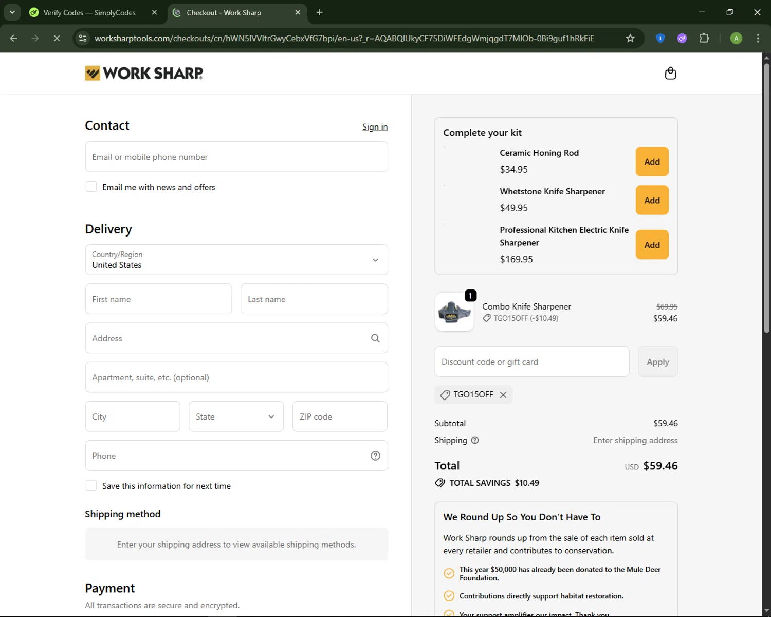 Work Sharp discount code screenshot showing code TGO15OFF applied at Work Sharp checkout page. Uploaded by SimplyCodes community member MagnificentSaver708 on Nov 14, 2025