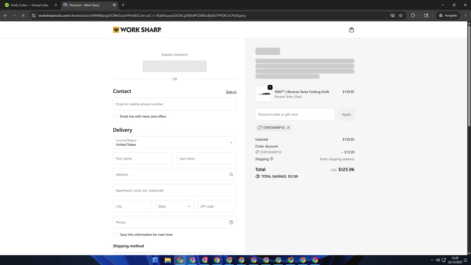 Work Sharp discount code screenshot showing code StaySharp10 applied at Work Sharp checkout page. Uploaded by SimplyCodes community member AVATIGRITO on Dec 23, 2025
