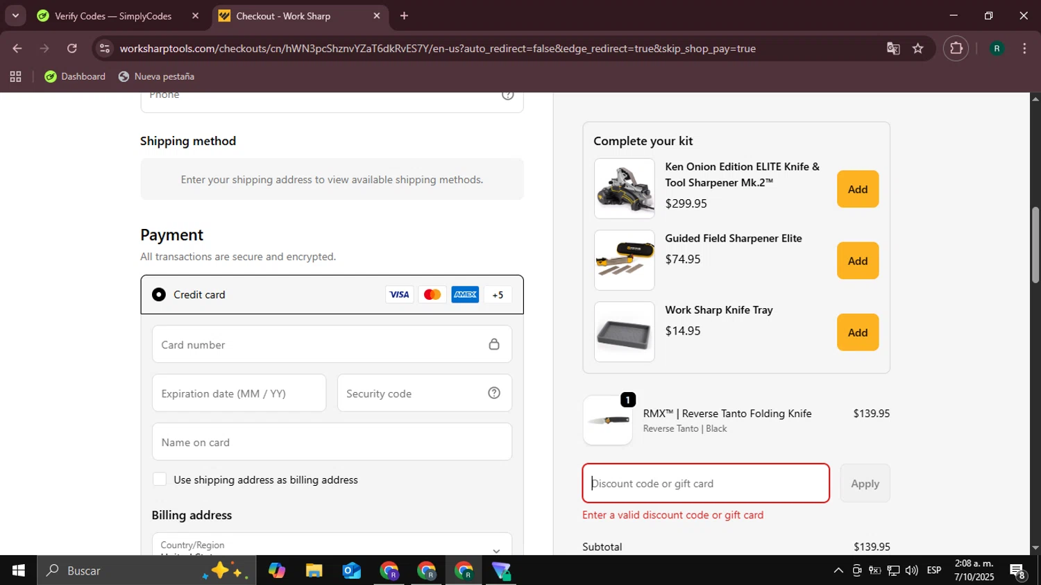Work Sharp discount code screenshot showing code FISHCAMP15 applied at Work Sharp checkout page. Uploaded by SimplyCodes community member Coneflavols on Oct 7, 2025