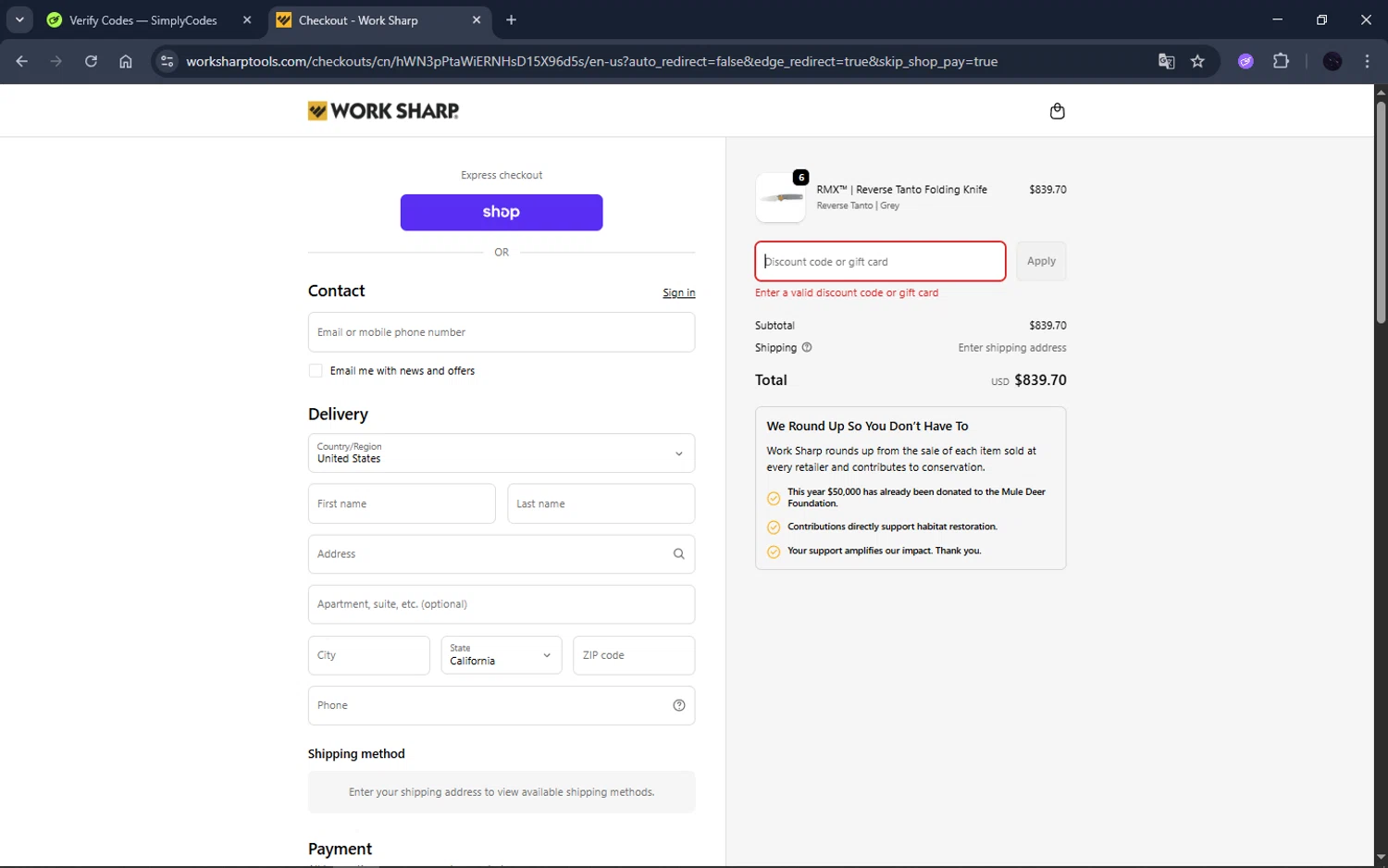 Work Sharp discount code screenshot showing code FISHCAMP15 applied at Work Sharp checkout page. Uploaded by SimplyCodes community member ELAMARILLO on Oct 7, 2025