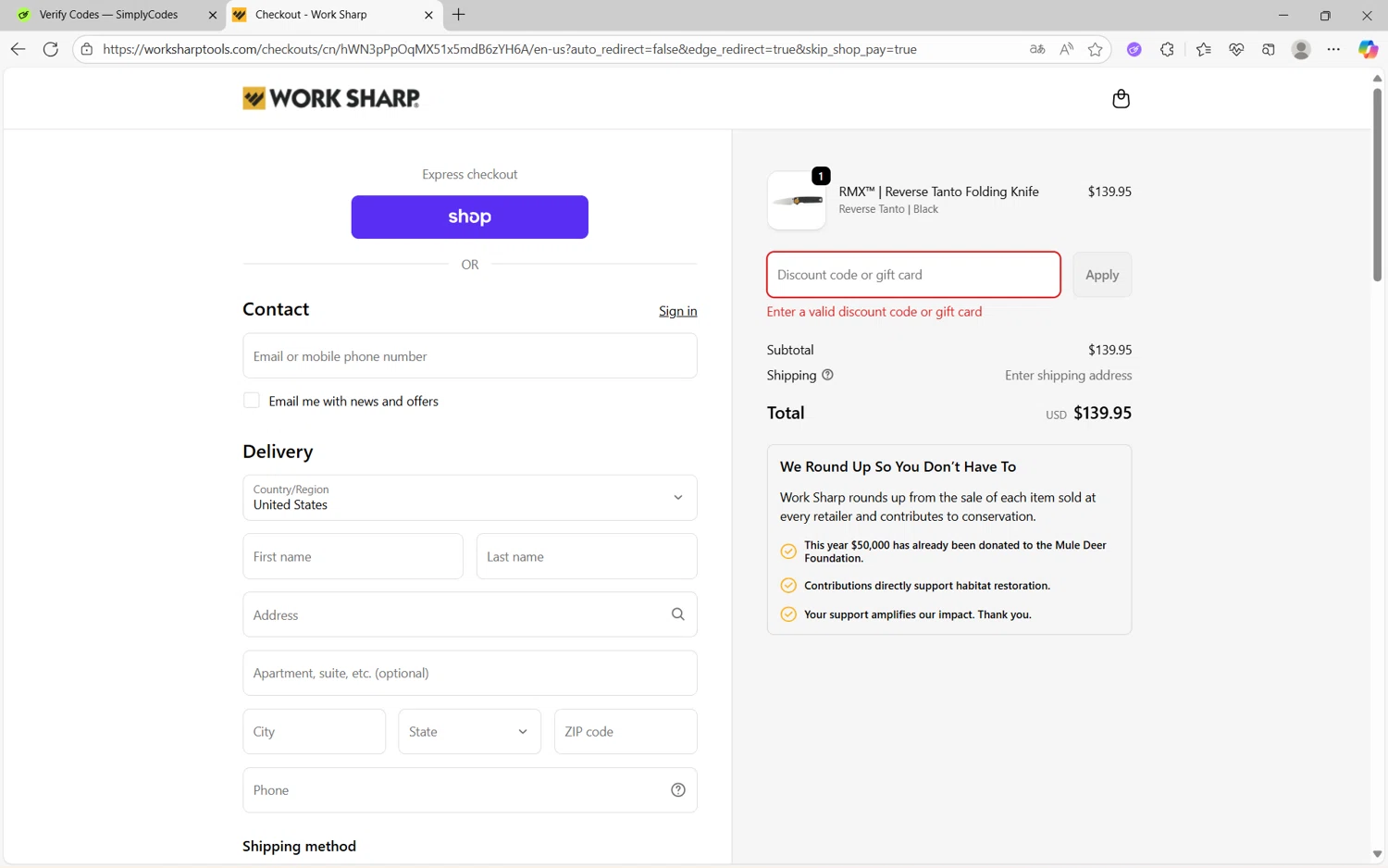 Work Sharp discount code screenshot showing code FISHCAMP15 applied at Work Sharp checkout page. Uploaded by SimplyCodes community member juanx1702 on Oct 7, 2025