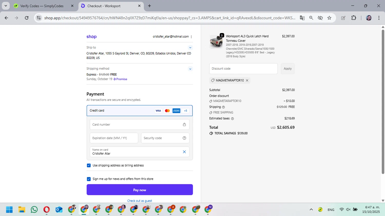 Worksport discount code screenshot showing code MAGMETARAPTOR10 applied at Worksport checkout page. Uploaded by SimplyCodes community member MarielisPb on Oct 15, 2025