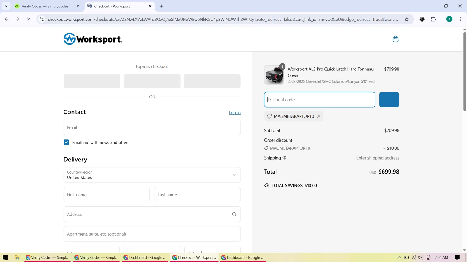 Worksport discount code screenshot showing code MAGMETARAPTOR10 applied at Worksport checkout page. Uploaded by SimplyCodes community member ShieldHunter3846 on Apr 17, 2025