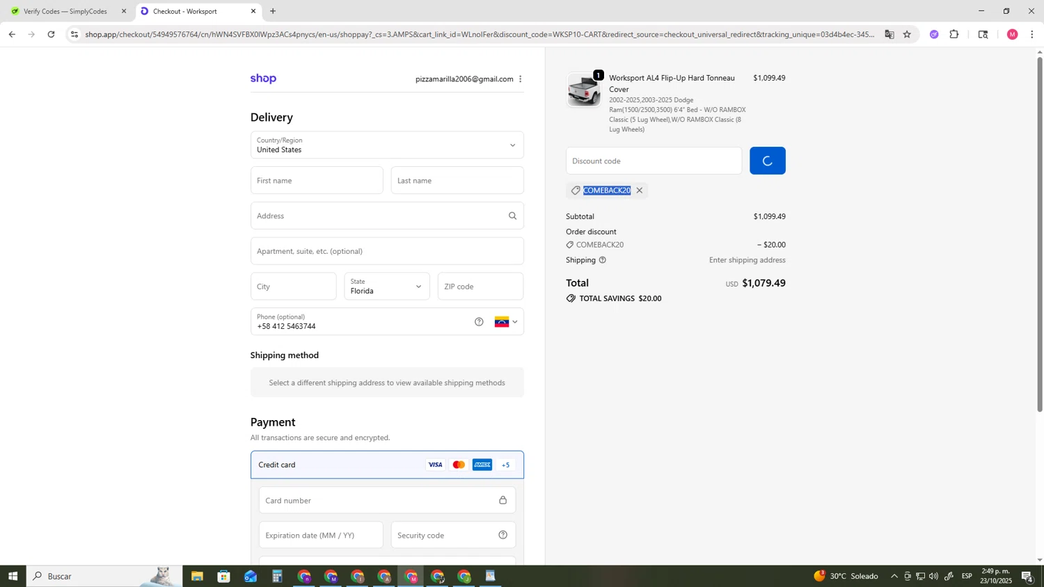 Worksport discount code screenshot showing code COMEBACK20 applied at Worksport checkout page. Uploaded by SimplyCodes community member CBR600 on Oct 23, 2025