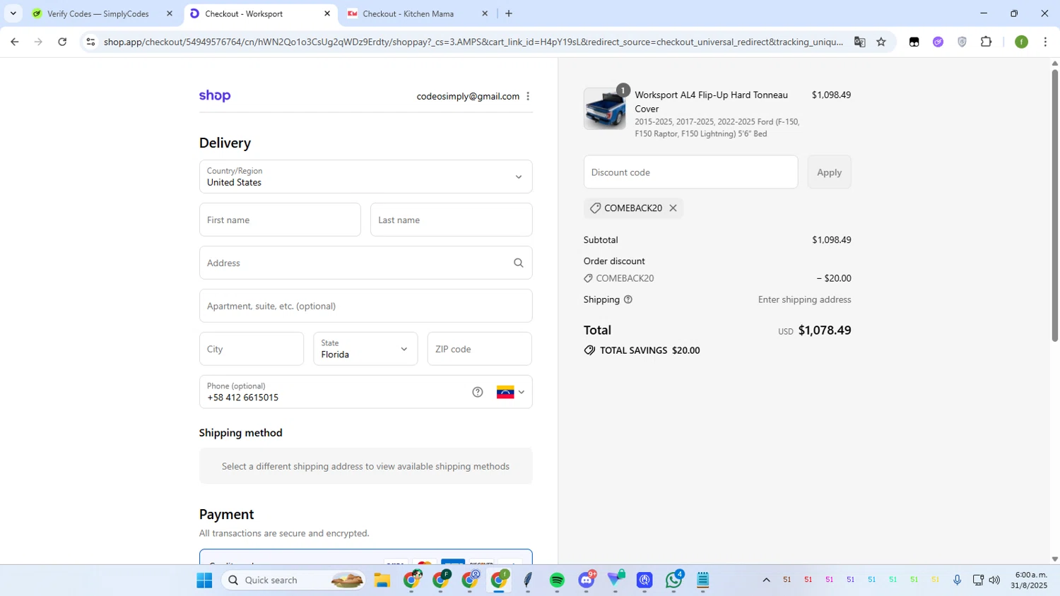 Worksport discount code screenshot showing code COMEBACK20 applied at Worksport checkout page. Uploaded by SimplyCodes community member Irelia on Aug 31, 2025