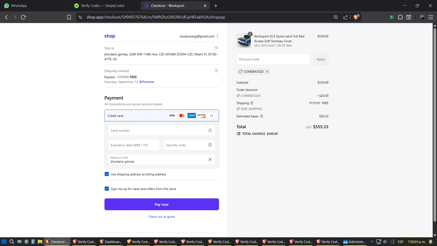 Worksport discount code screenshot showing code COMEBACK20 applied at Worksport checkout page. Uploaded by SimplyCodes community member SimplyGOAT on Sep 8, 2025