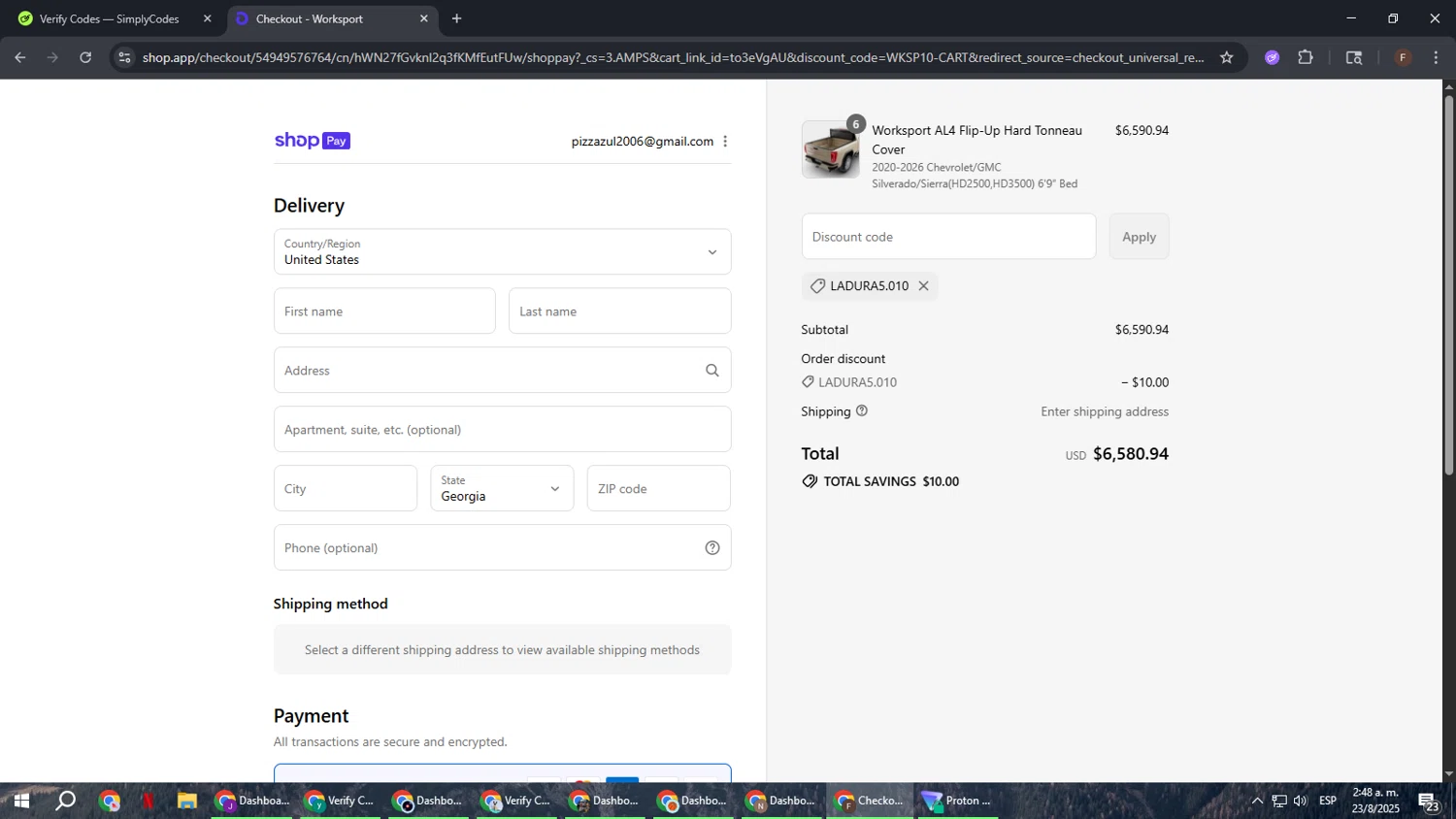 Worksport discount code screenshot showing code LADURA5.010 applied at Worksport checkout page. Uploaded by SimplyCodes community member ExtraordinaryHunter3076 on Aug 23, 2025